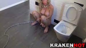 Blondie with huge lovely titties is chained in the bathroom - BDSM.one