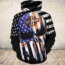 Official Harley Davidson Motorcycle Pullover Hoodies Custom Detailed 3d Graphic Printed Patriotic Flag Punisher Skull Design Featuring Official Custom Harl Hoodies Punisher Skull Design Motorcycle Outfit