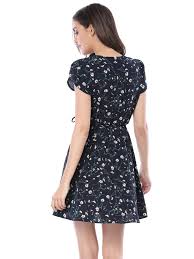 Women Floral Crossover V Neck Petal Sleeves Flowy Dress With Belt L Us 14 Black Floral Ad Neck Ad Petal Crosso In 2020 Flowy Floral Dress Dresses Flowy Dress