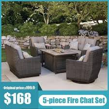 Outdoor All Weather Wicker Seat Four Piece Set With Fire Pit In 2020 Fire Pit Patio Set Patio Set Patio