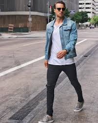 Do Black Jeans And Blue Denim Jacket Go Together Ripped Black Jeans A White Tee A Blue Denim Jacket And Grey Chucks Mens Outfits Denim Jacket Men Mens Fashion Casual