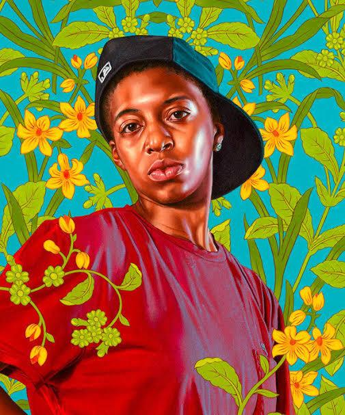 Kehinde Wiley's signature style blends classical portraiture with bold botanical motifs., AI generated