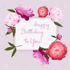 Happy birthday greeting card flowers. Vector Illustration Of Happy Birthday Greeting Card With Colorful Peonies Flowers Red Pink And Violet Peonies Buttons With Green Leaves On Light Grey Background Hand Drawn Royalty Free Cliparts Vectors And Stock