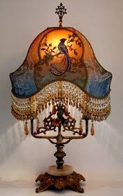 Ornate Antique Table Lamp With Original Paint And Wonderful Amber Prisms Holds A Custom Chinoiserie Bi Victorian Lampshades Victorian Lamps Antique Table Lamps