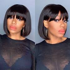 Black Bob Wig With Bangs Human Hair Lace Front Short Bob Wig Brazilian Virgin Human Hair Wigs With Bangs Remy Baby Hair For Women Straight Black Hair Ls5221 In 2020