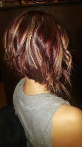 Fun Red Violet Inverted Bob With Golden Highlights Hair Styles Short Hair Styles Thick Hair Styles