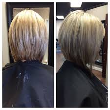 Since it is stacked in the back, the back view is the focal point of the look, so it must be done right. Angled Bob Front Haircut Haircuts Medium View Women Angled Bob Front And Back View Bob Hair Stacked Bob Haircut Inverted Bob Haircuts Long Bob Haircuts