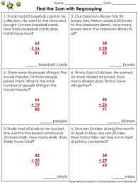 Find The Sum With Regrouping 2 Digit Addition Problem Solving Practice Sheets Problem Solving Regrouping Addition Word Problems