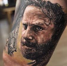 Grimes has another brush stroke tattoo by noiztoy, covering up an existing black cross in december 2015. Rick Grimes Tattoo Portrait By Seunghyun Jo