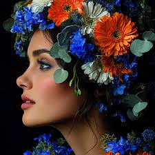 Gambar Seorang Wanita Yang Memakai Tudung Bunga Dengan Bunga Biru Dan Oren,  Perempuan, Memakai, Bunga Latar belakang untuk Muat turun Percuma