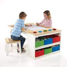 Amazon Com Guidecraft Arts And Crafts Center Kids Activity Table And Drawing Desk With Stools Storage Bins Paper Roller And Paint Cups Children S Wooden Learning Furniture Home Kitchen