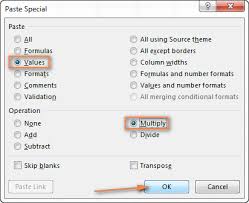 In The Paste Special Dialog Window Select Values Under Paste Multiply Under Operation Excel Formula Formula Excel