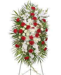Graceful Red White Standing Spray Of Funeral Flowers In Spring Green Wi Prairie Flowers Gifts