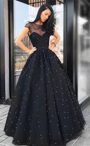 A Line Round Neck Floor Length Black Tulle Prom Dress With Pearls Elegant Black Tulle Long Prom Dresses Modest Illus Black Evening Dresses Prom Dresses Gowns