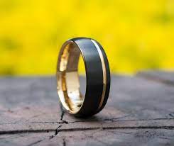 Yellow Gold Tungsten Ring Mens Wedding Band Black Matte Etsy Gold Tungsten Ring Tungsten Mens Rings Rings Mens Wedding Bands