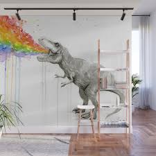 Vibrant shades of teal, pink, purple, and green come together in a vintage floral illustration. T Rex Dinosaur Rainbow Puke Taste The Rainbow Watercolor Wall Mural By Olechka Society6