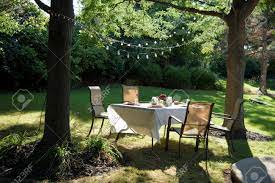 These sets will last, but they don't add much to the aesthetics of your yard. Outdoor Picnic Table In Backyard In Summer With Party Lights Stock Photo Picture And Royalty Free Image Image 64204922
