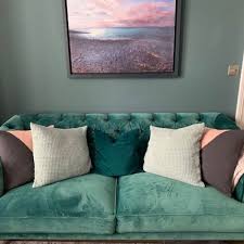 Velvet cushions in purple, turquoise and beige take on a dusky look next to the grey upholstery. Love Your Home On Twitter Who Else Loves This Colour Combination On The Earl Grey Sofa In The Home Of Alison Groom Beautiful Loveyourhome Tealinteriors Velvetsofa Https T Co Skqcjkvrm2