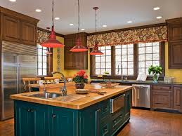 country kitchen with red pendant lights