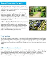 Landscape Architect Role Process And Procedure In Completing Projects Landscape architects are professionals that create pleasing outdoors aesthetically with trees, land and other ornamental plants and shrubs.
