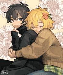 remi (mozzaremi), basil (faraway) (omori), basil (omori), sunny (omori),  omori, absurdres, highres, revision, 2boys, alternate costume, antenna  hair, black eyes, black hair, black sweater, blonde hair, blush, brown  sweater, closed eyes, closed
