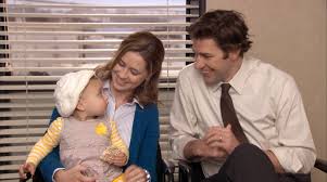 Family Time At Work Jim Pam And Cece They Brought Cece Into Work To Try And Get On New Boss Deangelo S Good Side The Office Jim Pam The Office The Office