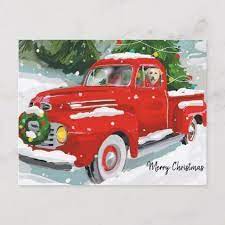 Cute Red Christmas Truck With Dog Holiday Postcard Zazzle Com In 2021 Christmas Red Truck Christmas Truck Personalised Christmas Cards