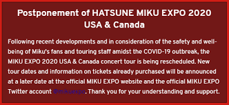 Miku Expo 2021 On Twitter Following Recent Developments And In Consideration Of The Safety And Well Being Of Miku S Fans And Touring Staff Amidst The Covid 19 Outbreak Mikuexpo2020 Usa Canada Is In