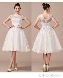 Us 185 00 A Line Illusion Knee Length Lace Wedding Dress With Bow S Jj S House In 2020 Bow Wedding Dress Short Wedding Dress Wedding Dresses Lace