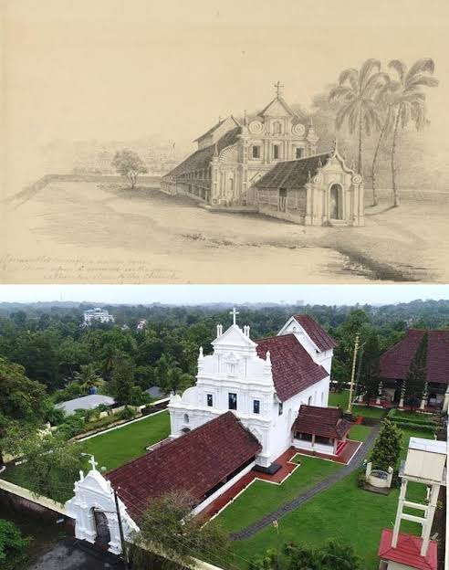 Then and Now: Kottayam Cheriapally. Pencil drawing by Josiah Bateman in 1835. Description below drawing: "I scrambled through a native house and stood upon a mound in the garden rather too close