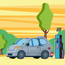 Electric Car Charging Outside At Refuelling Power Station Illustration Electric Car Charging Power Station Car Illustration