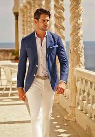 Medium Blue Fitted Blazer Light Blue Shirt Off White Pants Royal Blue Pocket Square Khaki Belt Mens Outfits Wedding Suits Men Stylish Men