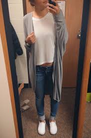 Outfit White T Shirt Jeans Blue White Vans Slip On Shoes Long Gray Cardigan Style Ideas Very Nice White Vans Outfit Outfits With Grey Cardigan Cute Outfits