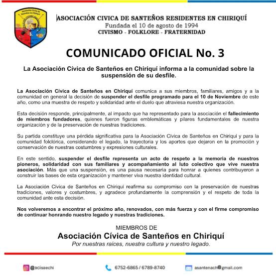 Santeños residentes en Chiriquí suspenden desfile del 10 de noviembre en señal de duelo y respeto