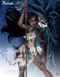 jeftoon01, pocahontas (disney), pocahontas, absurdres, commentary, english  commentary, highres, 1girl, animal, animal on shoulder, armor, black hair,  blood, blood on clothes, blood on face, blood on hands, brown eyes,  character name, contrapposto,