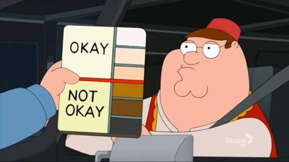 For anyone else wondering, here's the original version of that Family Guy skin colour chart. Why do people photoshop it? This says it all.