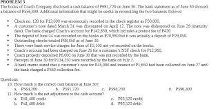 Bank reconciliation for financial accountingfull description. Solved Problem 5 The Books Of Coach Company Disclosed A Cash Balance Of P691 720 On June 30 The Bank Statement As Of June 30 Showed A Balance Of Course Hero