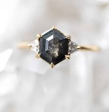 Dark Stone Engagement Ring With Gold Band Unusual Engagement Rings Black Diamond Ring Engagement Traditional Engagement Rings