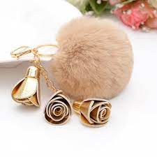 New Charm Fashion Leather Rose Flower Key Chain Cute Hair Ball Flower Key Chain Women Keychain Female Bag Pendant Jewelry Keychain Cute Keychain Bag Charm