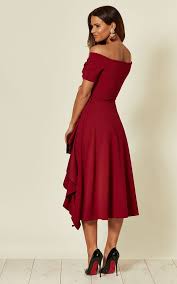 Exclusive Bardot Off Shoulder Frill Midi Dress In Burgundy By Feverfish Burgundy Midi Dress Dresses Fashion