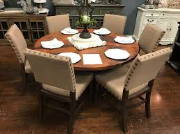 Copper Top 60 Round Dining Table And 6 Linen Nailhead Chairs 60 Round Dining Table Round Copper Dining Table Round Dining Table