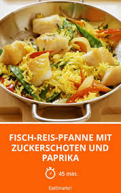 Fisch Reis Pfanne Mit Zuckerschoten Und Paprika Rezept Kabeljau Rezept Einfache Gerichte Zuckerschoten