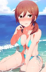 abmayo, kikuchi akane, joshikousei no mudazukai, absurdres, highres, md5  mismatch, 1girl, adjusting clothes, adjusting swimsuit, aqua bikini, arm  between legs, beach, bikini, blush, breasts, brown eyes, brown hair,  cleavage, cloud, day, embarrassed,