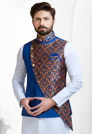 Woven Art Silk Nehru Jacket In Royal Blue And Multicolor Nehru Jackets Mens Kurta Designs Jackets Men Fashion