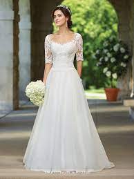 Organza Full A Line Gown With Illusion Lace Three Quarter Length Sleeves And Scoop Neckline Sweethe A Line Wedding Dress Wedding Dress Organza Wedding Dresses