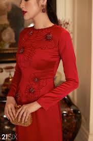 A00519 - Áo dài lụa cổ kiềng đính kết cườm, pha lê handmade