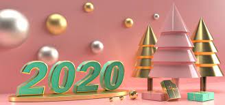 Happy New Year 2020 Festive Illustration With Golden Christmas Trees And Gift Boxes In Pastel Colors And Light Green Numbers 2020 Realistic 3d Render Desain Grafis Desain Grafis