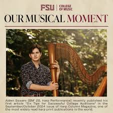 Congratulations to BM Harp Performance student Aiden Sowers for his first  article publication in Harp Column Magazine, "Six Tips for Successful  College Auditions"!