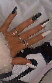 Black And White Half And Half Nails Stylish Nails Grunge Nails Long Acrylic Nails