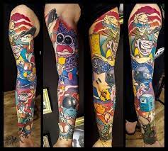 Skull Sleeve Tattoo Cartoon Network Characters New School Tattoo Photographed From Different Angles Cartoon Tattoos Tattoos For Guys Sleeve Tattoos